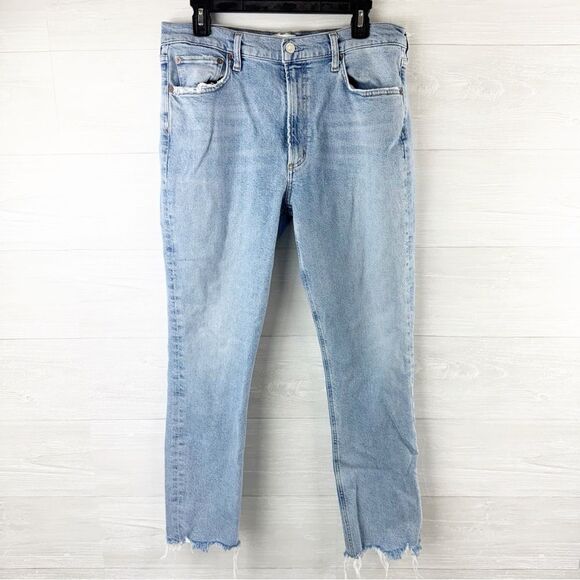 Agolde Merrel Distressed Raw Hem High Waist Straight Leg Jeans - Picture 2 of 8